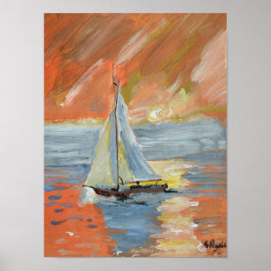 Poster Impressionista do veleiro do pôr do sol dourado