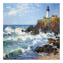 Impressionista Pintura De Farol Em Terra Costeira