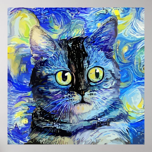 Poster Impressionista Starry Night Tabby Cat Portrait (Frente)