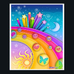 Poster, Impressões - Pop de Arte Sessenta Céu<br><div class="desc">Um estilo brilhante e colorido de sessenta anos retro pop de um céu da manhã até a noite com estrelas,  lua,  sol e arco-íris.</div>
