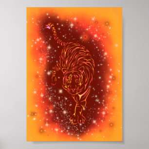 Poster Incrível Tigre A Correr Na Galáxia Starry Nightr