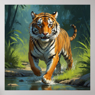 Poster Incrível Tigre Correndo na Pintura da Selva