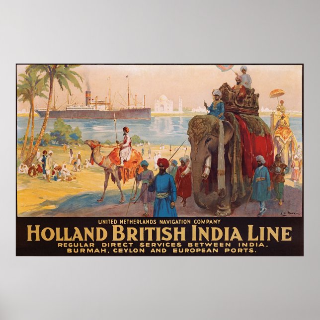 Poster India line, landlord on elephant by the water (Frente)