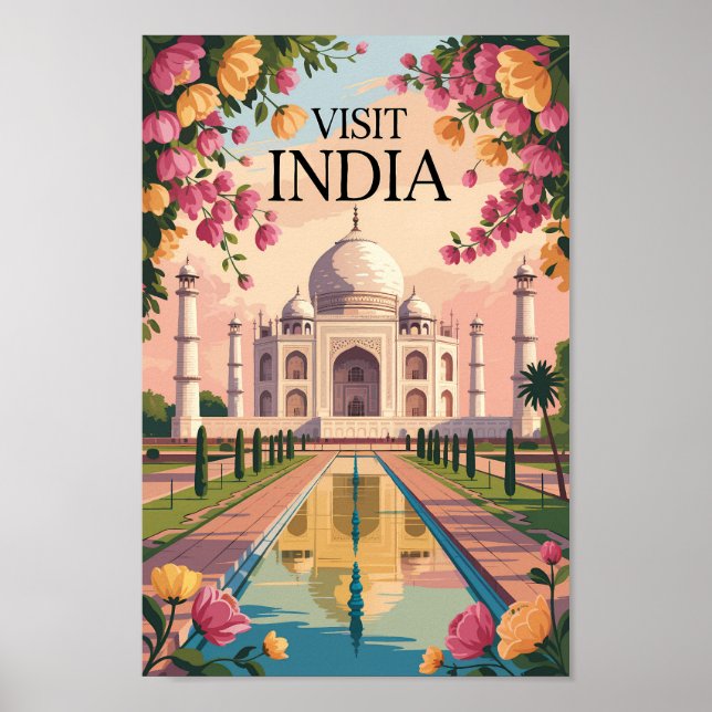 Poster India Taj Mahal Illustration Travel Art Vintage (Frente)