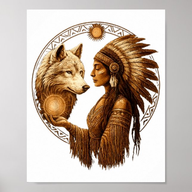 Poster Indian Native American Woman With White Wolf Vinta (Frente)
