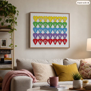 Poster Indiana Heart Row Colorido Orgulho do Estado Desig