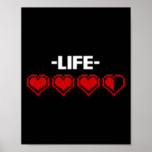 Poster Indicador de Vida Coração Gráfico 8 Bits Jogo de V