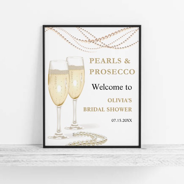 Poster Indicativo de Boas-vindas do Chá de panela Dourado (Pearls & Prosecco Bridal Shower Welcome Sign )