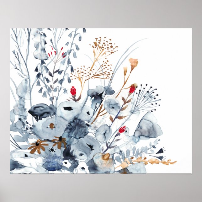 Poster Indigo & Ochre - Flores de Aquarela (Frente)