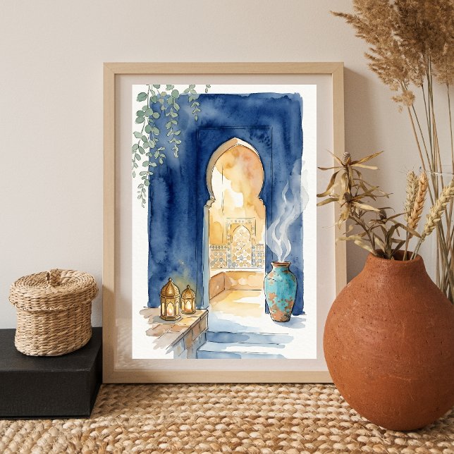 Poster Índigo & Ócre Hammam Marroquino Aquarela (Criador carregado)