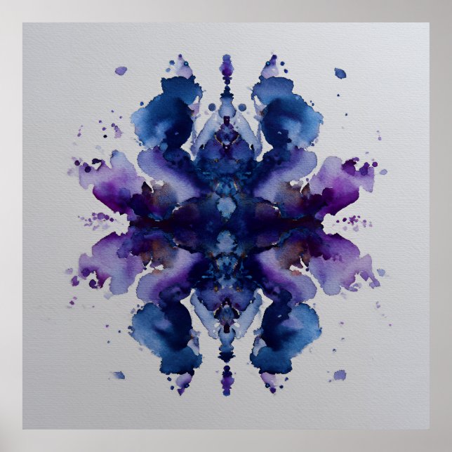 Poster Índigo Violeta Mandala Simétrico de Aquarela (Frente)