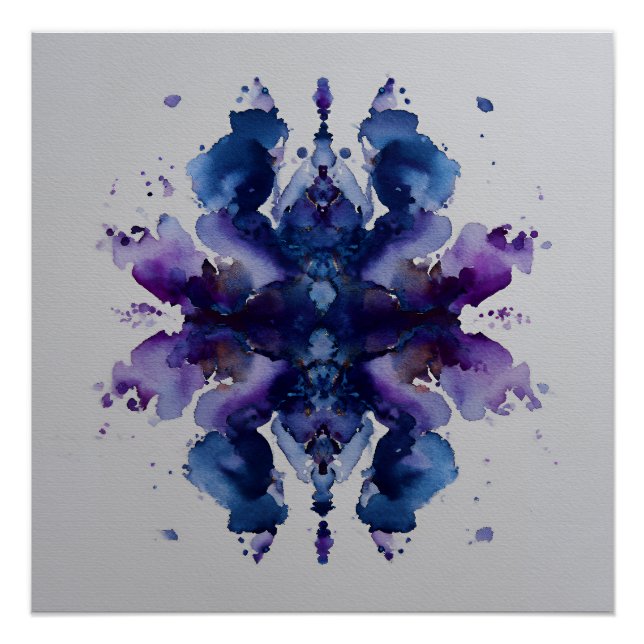 Pôster Índigo Violeta Mandala Simétrico de Aquarela (Frente)