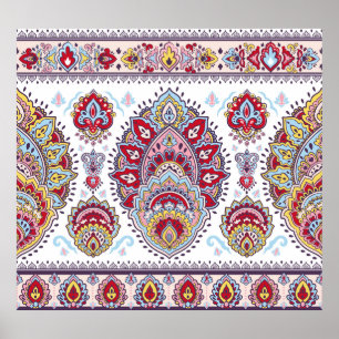 Poster índio paisley floral, medalhão étnico.
