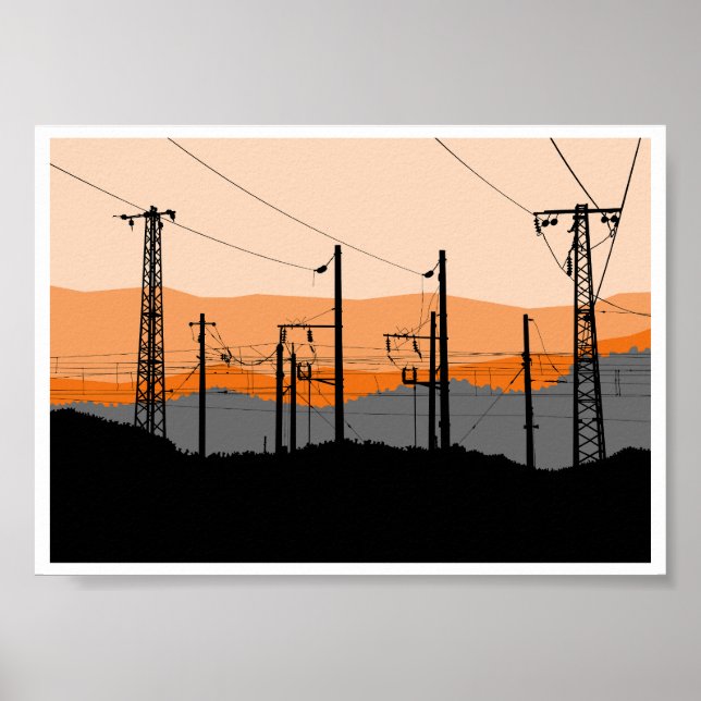 Poster  Industrial Sunset Silhouette Power Lines  (Frente)