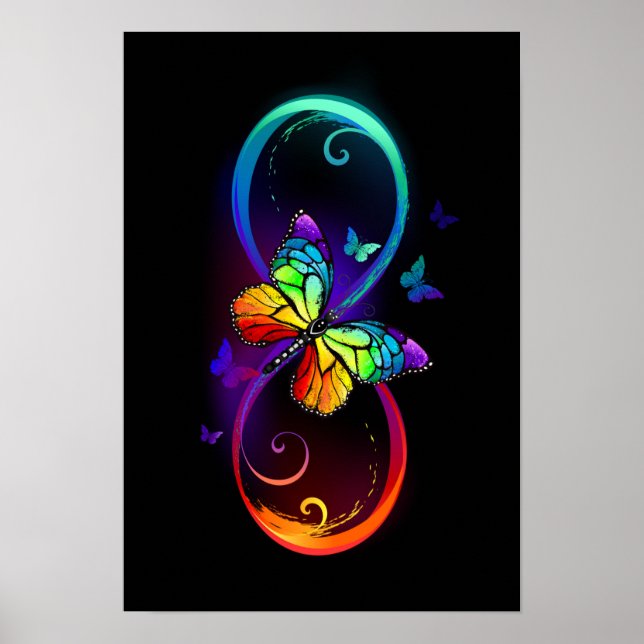 Poster Infinidade vibrante com borboleta arco-íris a pret (Frente)