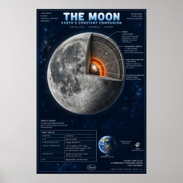 Poster Infográfico Científico da Seção Transversal da Lua (Frente)