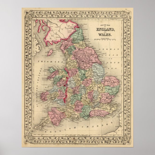 Pôster Inglaterra, Mapa do País de Gales por Mitchell (Frente)