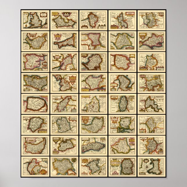 Poster Inglaterra, País de Gales e All English County Map (Frente)