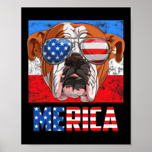 Poster Inglês Buldogue Dog 4 De Julho Bandeira Americana 