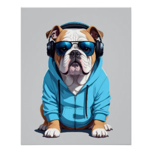 Pôster Inglês Buldogue Vestindo Hoodie Funny Legal Música