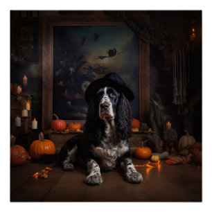 Pôster Inglês Cocker Spaniel Pumpkins Halloween Assustado