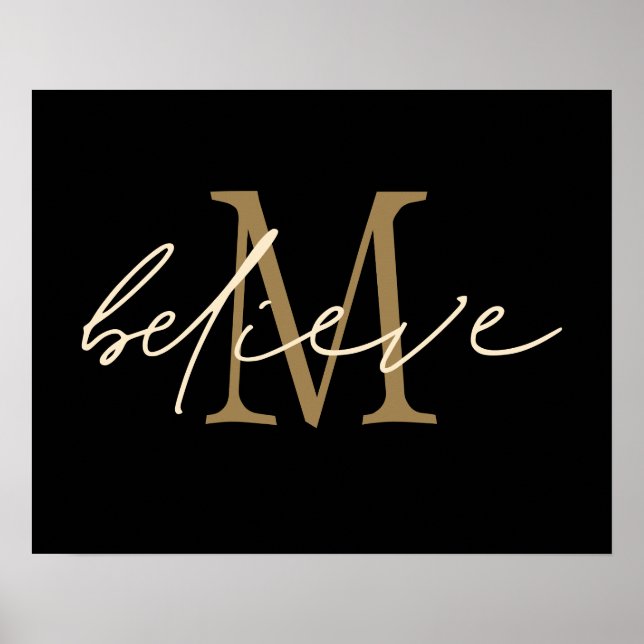 Poster Iniciais Monograma Dourado Believe Preto (Frente)