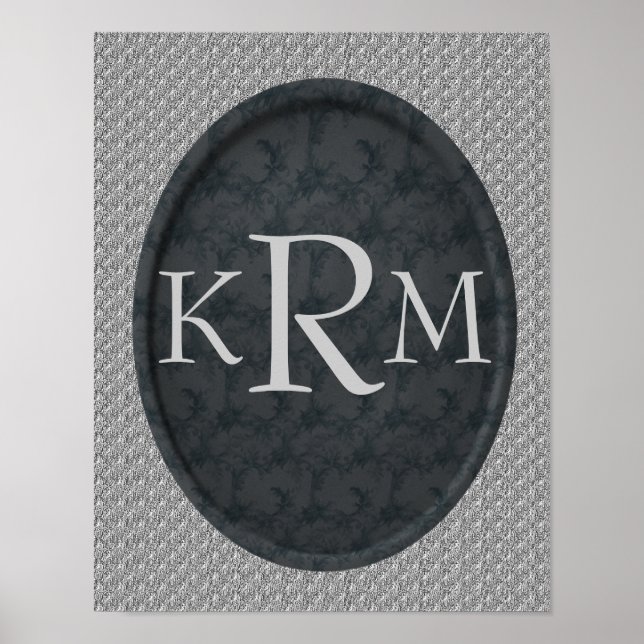 Poster Iniciais Monograma Floral Preto Elegante (Frente)