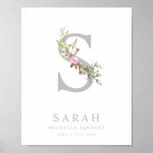 Poster Iniciais Românticas Florais para Menina Rosa