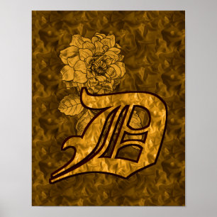 Poster Inicial D de Monograma Flor de Peônia Dourada