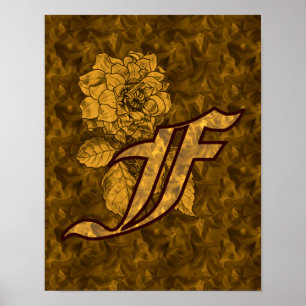 Pôster Inicial do Monograma F Dourado Floral Peônia 