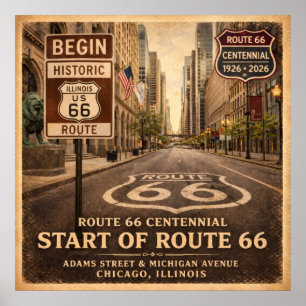 Poster Início da Rota 66 Chicago Illinois Centenário