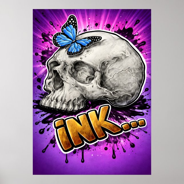Poster INK… Hand-Drawn Skull with Butterfly (Frente)