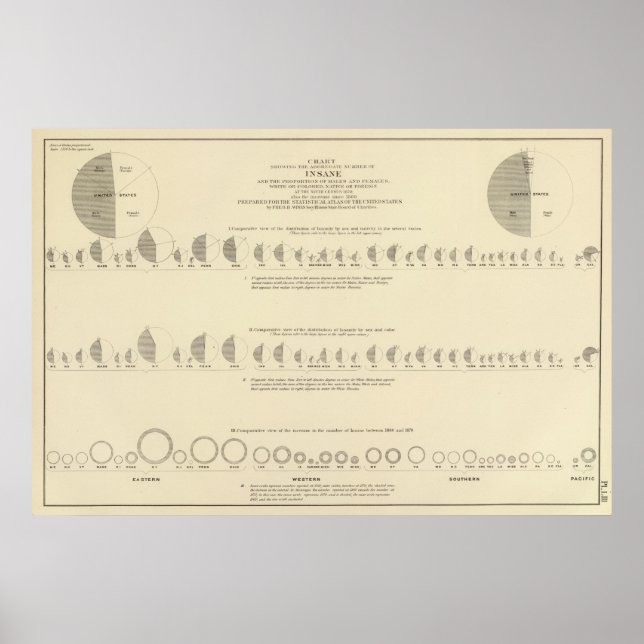 Pôster Insano, litógrafo estatístico norte-americano 1870 (Frente)