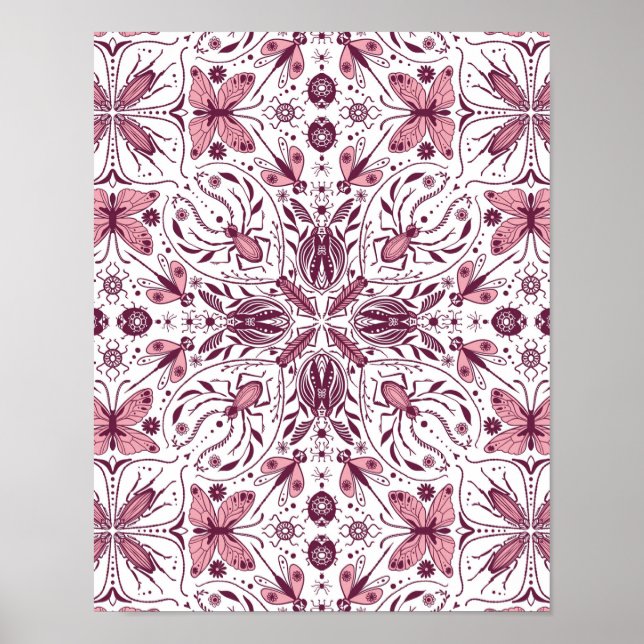 Poster Insetos, magenta escura e rosa em branco (Frente)