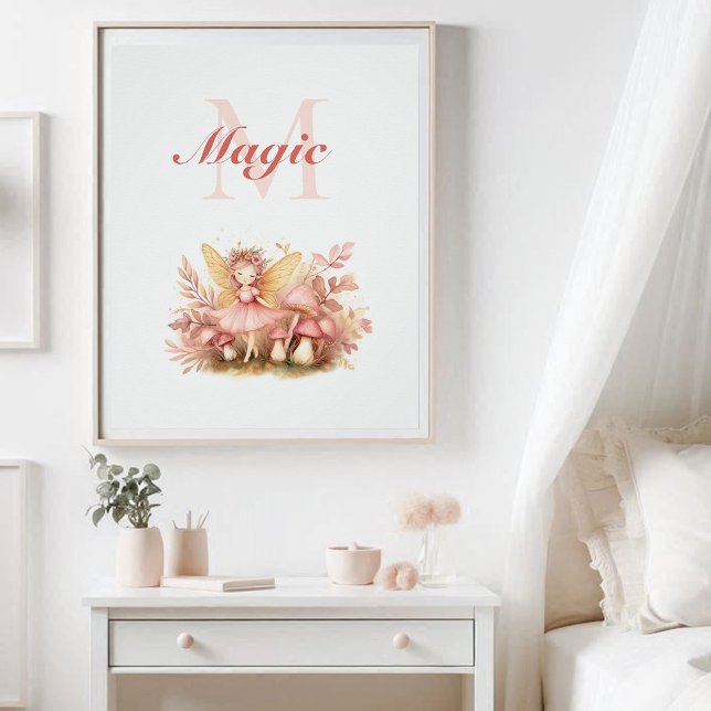 Pôster Inspiração Mágica, Princesa Leitura, Rosa (enchanted garden fairy princess mushrooms nursery kids decor poster personalized monogram magic)