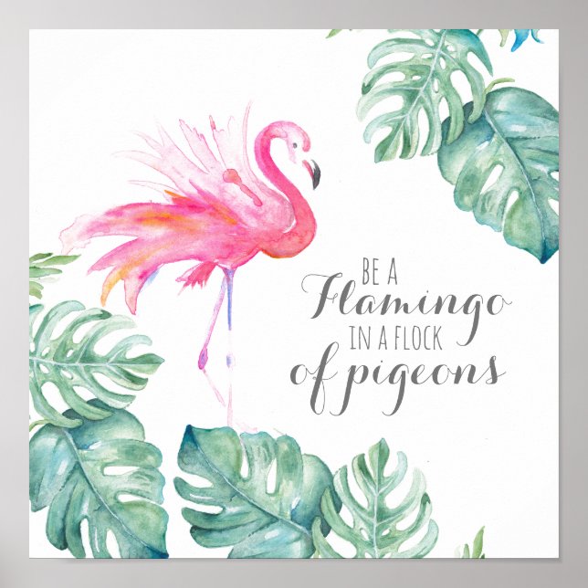 Poster Inspiração Tropical Watercolor Flamingo Rosa (Frente)