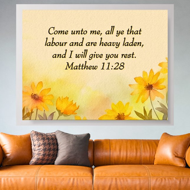 Poster Inspirational Matthew 11:28 Yellow Floral (Enlarged for Detail)