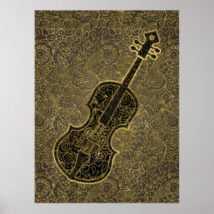 Poster Instrumento Musical Cello Dourado Taupe Filigree