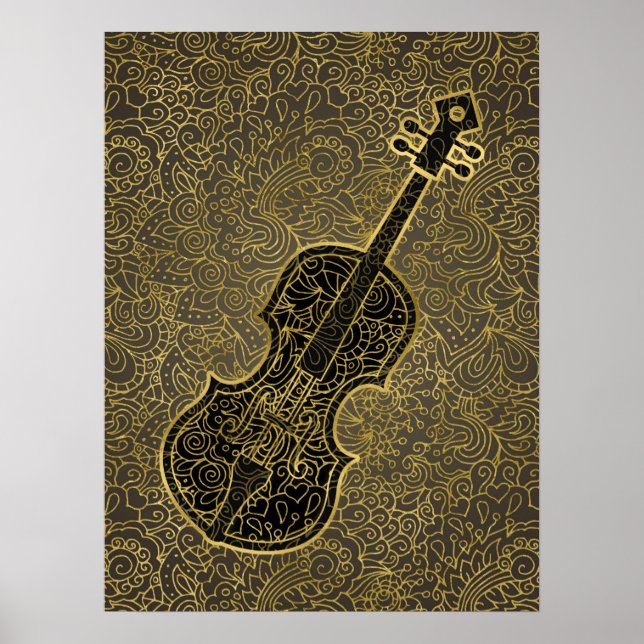 Poster Instrumento Musical Cello Dourado Taupe Filigree (Frente)