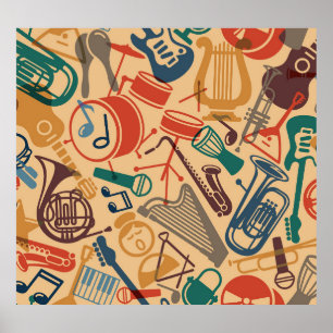 Poster Instrumentos Musicais Vintage Fundo sem costura