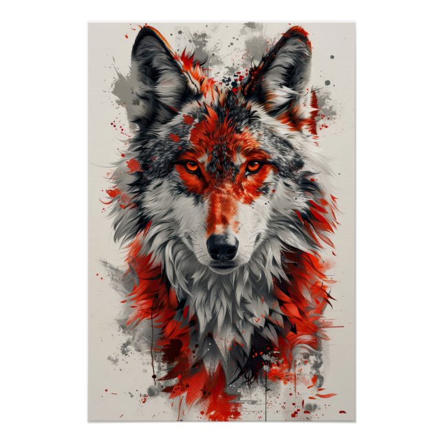 Pôster Intense red wolf with striking abstract elements.  (Frente)