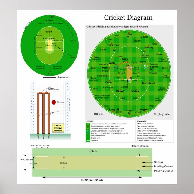 Pôster Intensidade do campo Posição do críquete e diagram (Frente)