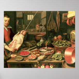 Pôster Interior da cozinha com uma empregada doméstica