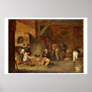 Poster Interior de um celeiro com os camponeses que