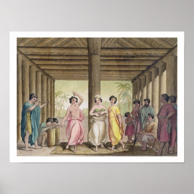 Poster Interior de uma casa taitiana com garotas dançante (Frente)