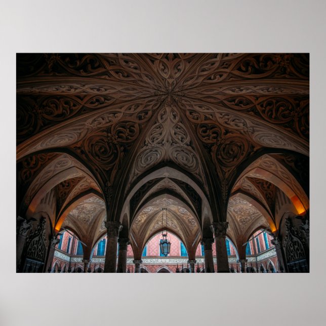 Poster Interior do edifício em madeira castanha e negra (Frente)