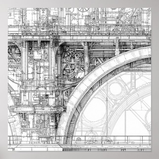 Poster Intricate Steampunk Scaffolding Technical Line Art (Frente)