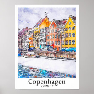 Poster Inverno Copenhaga Dinamarca Desenho Da Mão De Aqua