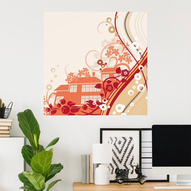 Poster Inverno de Ilustração de Casa Floral e Padrão Natu (Criador carregado)