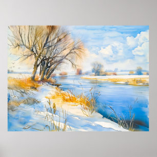 Poster Inverno Dourado pelo Rio Havelland Aquarela 